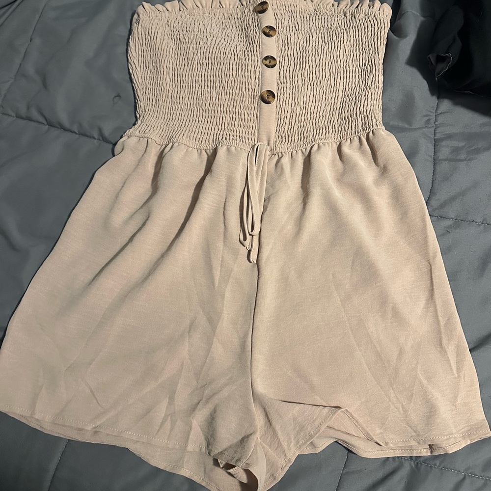 Beige Strapless Romper with Button Detail